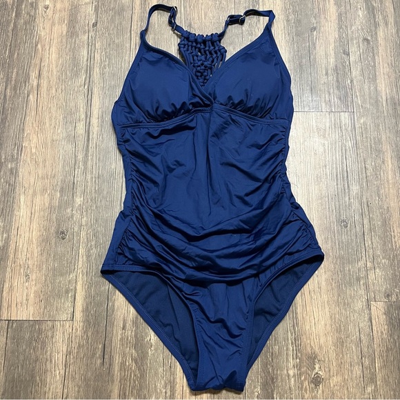 Jantzen Navy Blue Macrame Strappy Back One Piece Ruched Bathing Suit Swim M - Picture 8 of 14